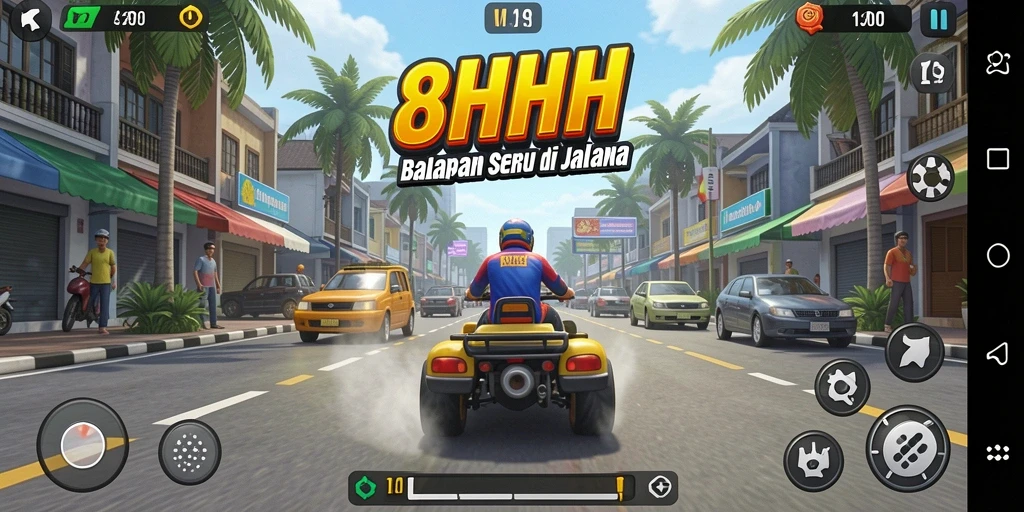 Screenshot gameplay dari 8HHH yang menunjukkan aksi balapan mendebarkan.