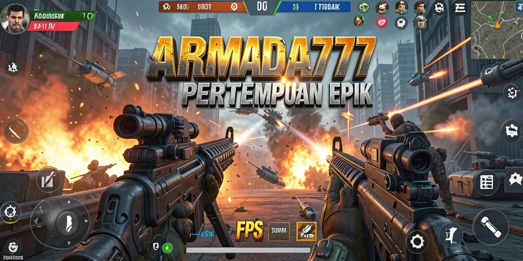 Screenshot ARMADA777 menampilkan aksi pertempuran intens dalam game FPS.