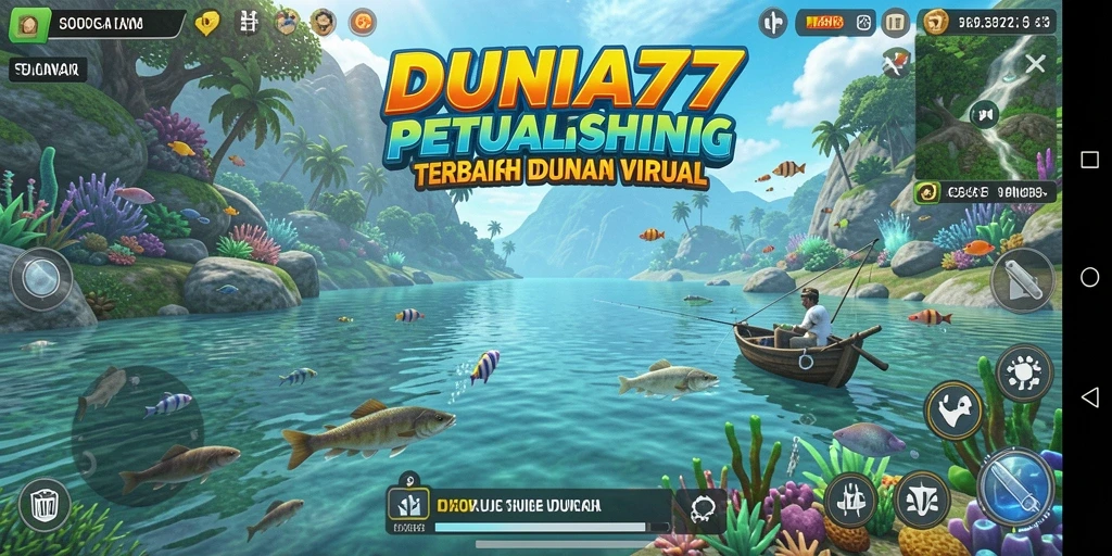 Screenshot gameplay DUNIA77 menunjukkan aktivitas memancing yang seru di lokasi indah.