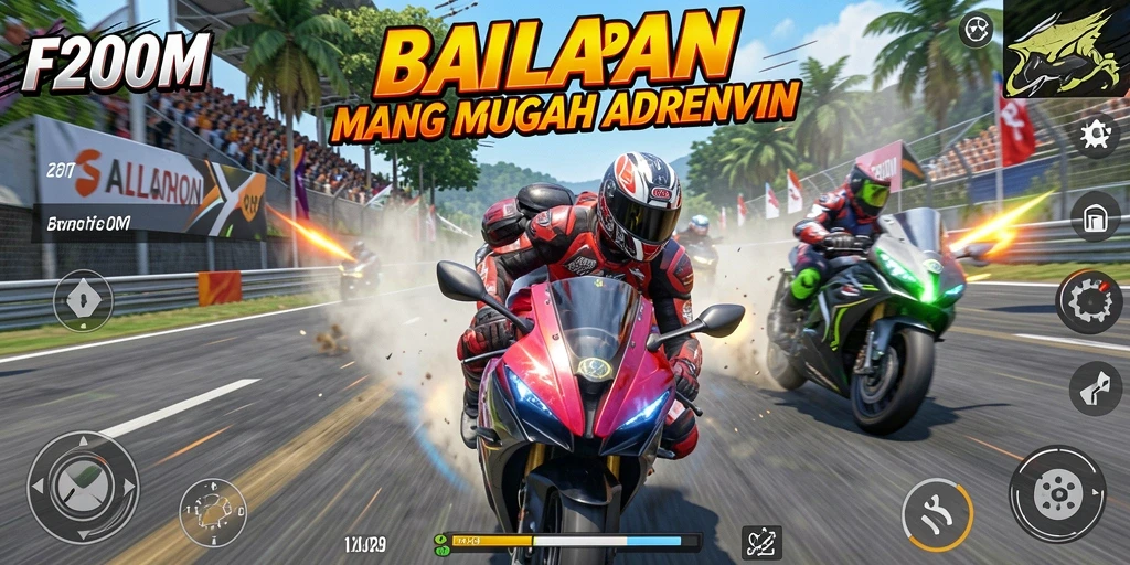 Tampilan gameplay F200M yang mendebarkan saat balapan motor.