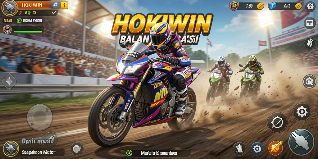 Gameplay mendebarkan dari HOKIWIN menunjukkan aksi balapan motor.