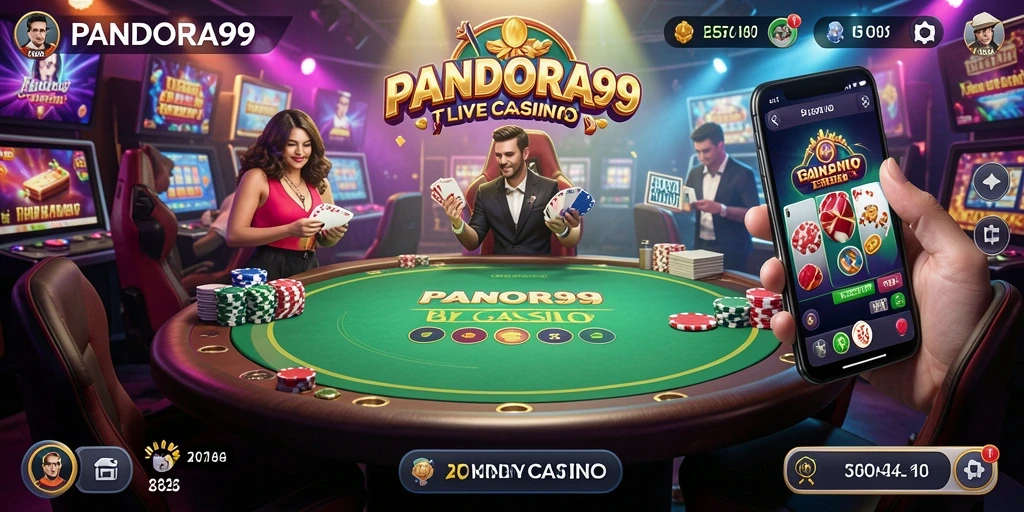 Screenshot gameplay PANDORA99 menunjukkan suasana kasino yang hidup dan interaktif.
