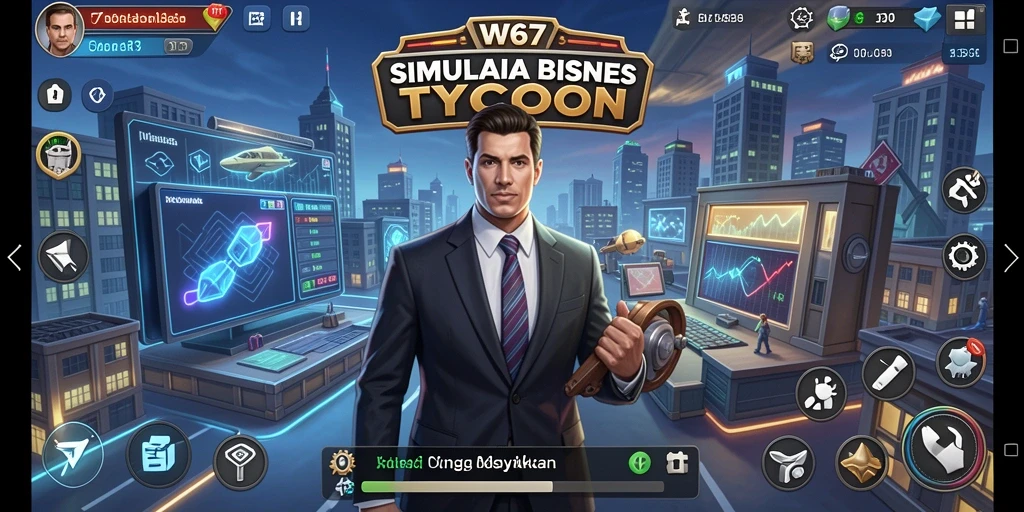 Tampilan gameplay <strong>W67</strong> menunjukkan pengelolaan bisnis yang mendalam dan interaktif.